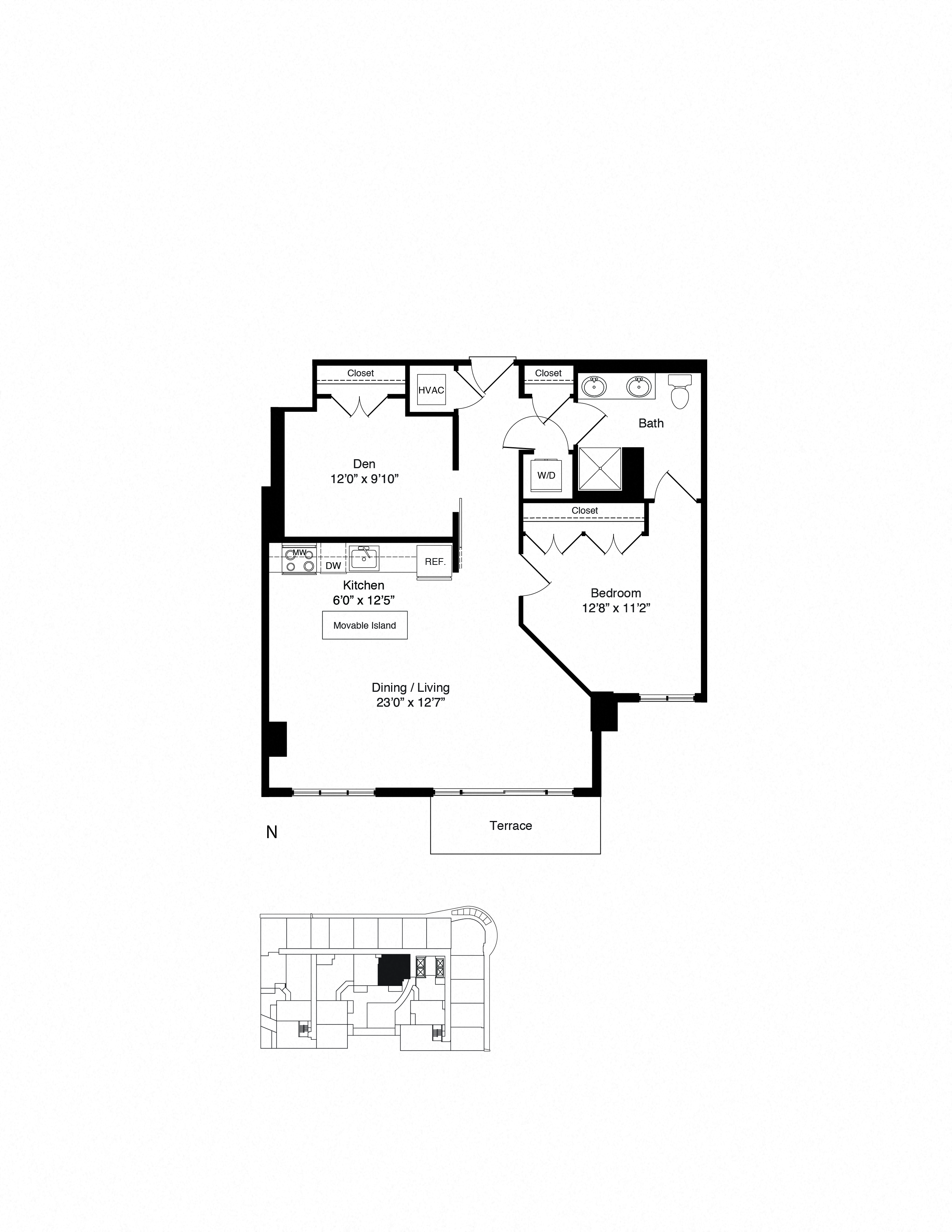 Floor plan for 1 bed, 1 bath, 935 sqft